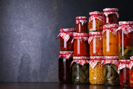 Many jars with different pickled products on wooden table, space for textの写真素材