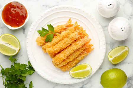 Tasty tempura shrimps served on white marble table, flat layの写真素材