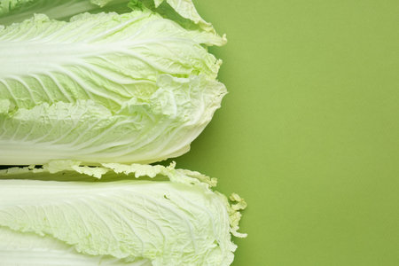 Fresh Chinese cabbages on green background, top view. Space for text