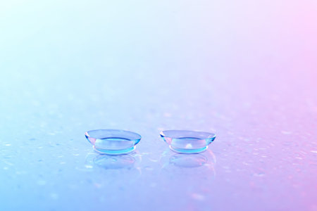Pair of contact lenses and water drops on blue gradient mirror surface, closeupの写真素材