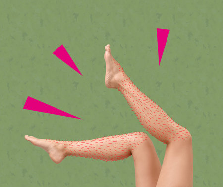 Creative collage. Woman showing legs with drawn hairs against light green background