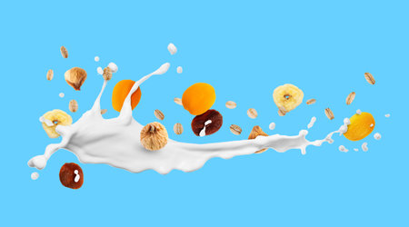 Milk splash with oat flakes and dried fruits on light blue background. Banner design