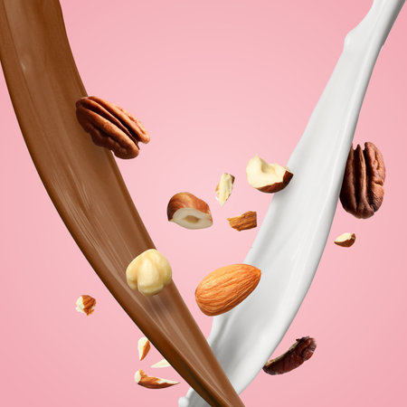 Chocolate and milk flows with nuts in air on pink backgroundの写真素材