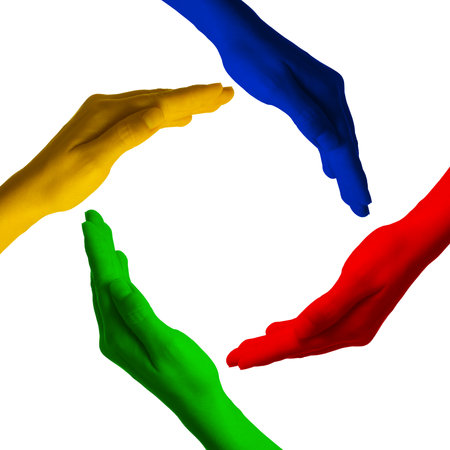 Making circle of human hands painted in different colors on white background. Unity, partnership, cooperationの写真素材