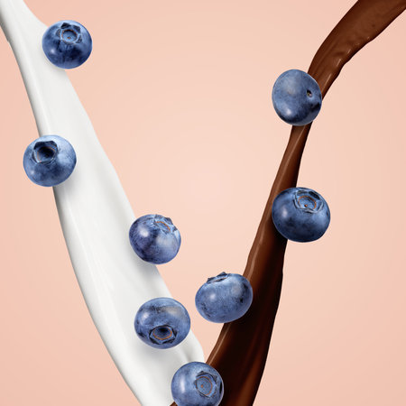 Chocolate and milk flows with blueberries in air on pink beige backgroundの写真素材
