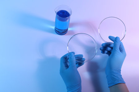 Scientist with Petri dishes on light background, closeupの写真素材