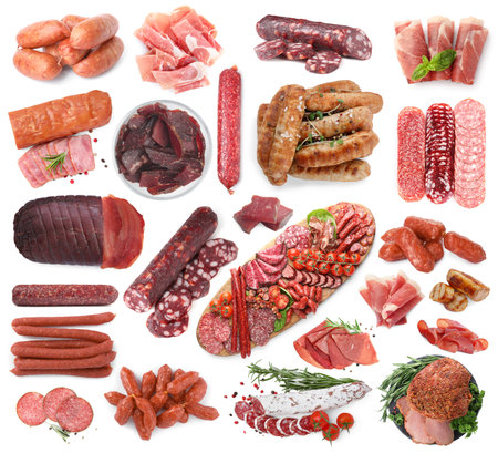 Delicious processed meat products on white background, collageの写真素材