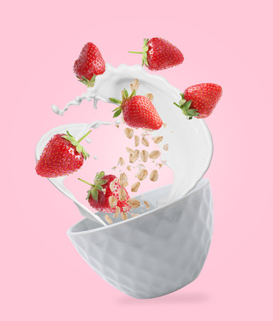 Oat flakes with fresh strawberries and milk splashing out from bowl in air on pink backgroundの写真素材