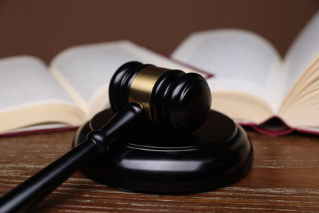 Judge's gavel, sound block and books on wooden table, closeup