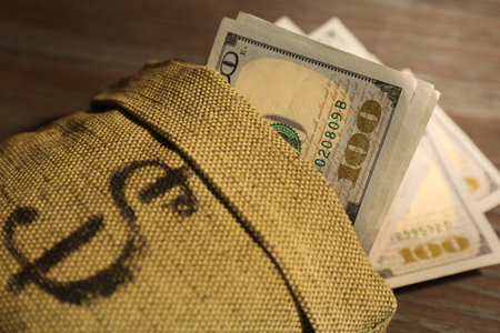 Bag with dollar banknotes on wooden table, closeupの写真素材