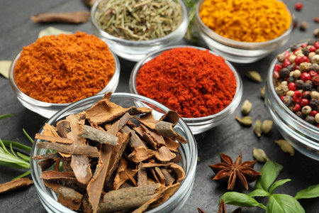 Different aromatic spices on grey table, closeupの写真素材