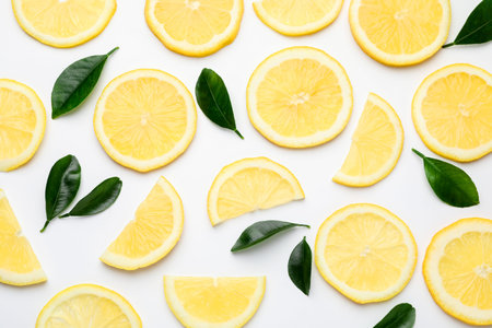 Slices of fresh lemons and leaves on white background, flat lay