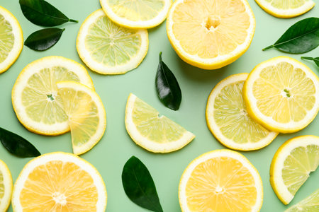 Slices of fresh lemons and leaves on pale green background, flat layの写真素材