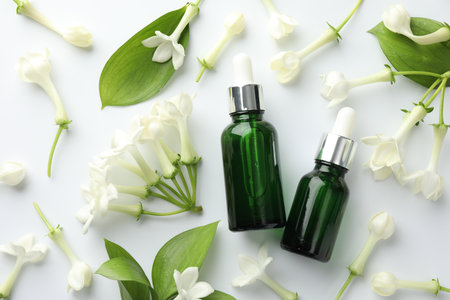 Bottles of essential oil, jasmine flowers and green leaves on white background, flat layの写真素材
