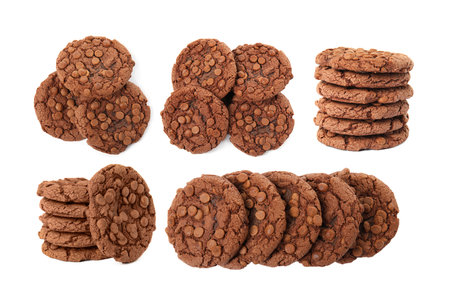 Yummy chocolate chip cookies isolated on white, collageの写真素材
