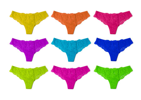 Beautiful women's panties in different colors on white background, setの写真素材