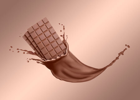 Chocolate pieces and splash of cocoa drink in air on pale brown gradient backgroundの写真素材