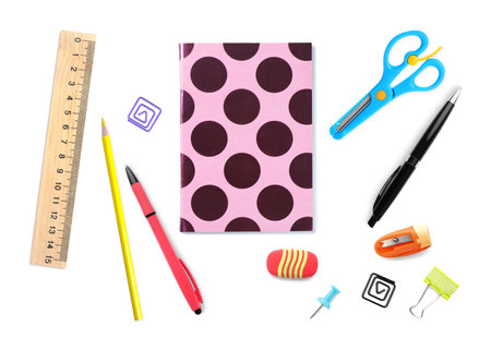 Pens and other different stationery isolated on white, set. Top viewの写真素材