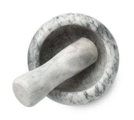Marble mortar with pestle isolated on white, top viewの写真素材