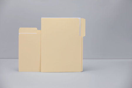 File folders with papers on gray background, space for text