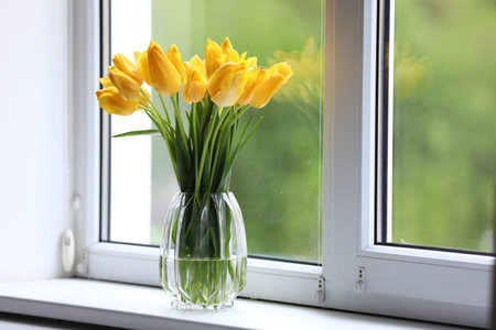 Beautiful tulips in vase on window sill