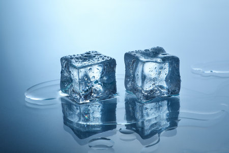 Cubes of clear ice on mirror surfaceの写真素材