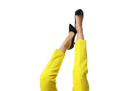 Woman wearing stylish high heeled shoes on white background, closeupの写真素材