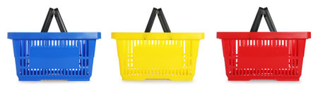 Shopping baskets in different colors isolated on white, setの写真素材