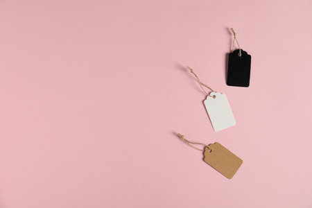 Blank tags with strings on pink background, flat lay. Space for text