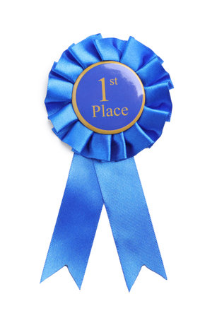 One blue award ribbon on white background, top view
