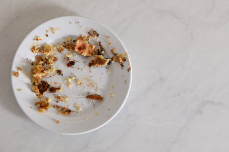 Cockroaches crawling on plate with food leftovers on light table, top view. Space for textの写真素材