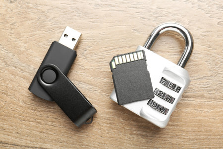 Flash drive, SD memory card and combination padlock on wooden background, flat layの写真素材