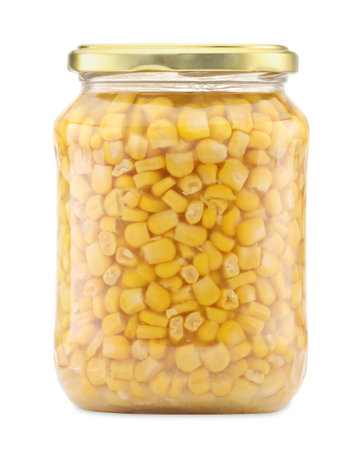Tasty pickled corn kernels in jar isolated on whiteの写真素材