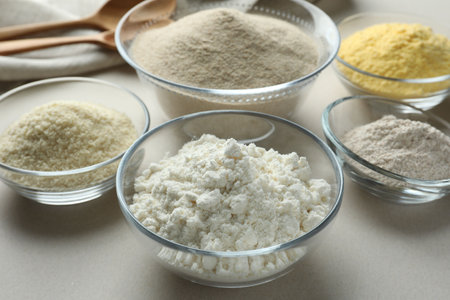 Different types of flour on white background, closeupの写真素材