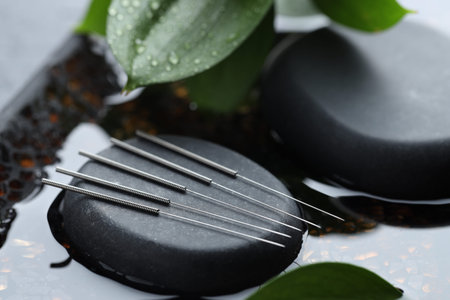 Acupuncture needles, spa stone and wet leaf in water, closeupの写真素材