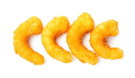 Many tasty tempura shrimps isolated on white, top viewの写真素材