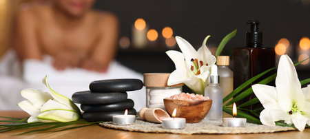 Woman relaxing on massage couch in spa salon, closeupの写真素材