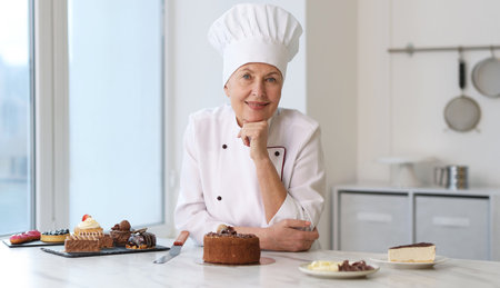 Smiling pastry chef at table with desserts in kitchenの写真素材