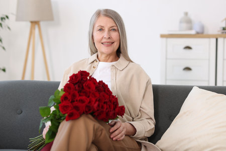 Smiling woman with bouquet of roses on sofa at homeの写真素材