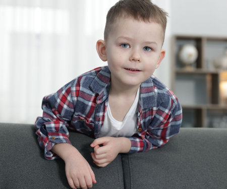 Portrait of cute little boy at homeの写真素材