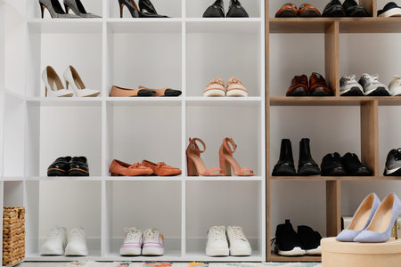 Shoe storage. Shelving units with different footwear near white wall indoorsの写真素材