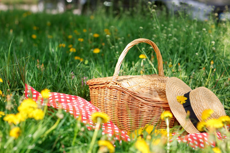 Wicker basket, dandelion flowers, straw hat and blanket on green grass outdoorsの写真素材