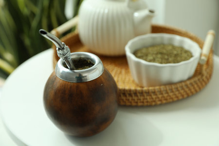 Traditional yerba mate tea on white table indoors, closeupの写真素材