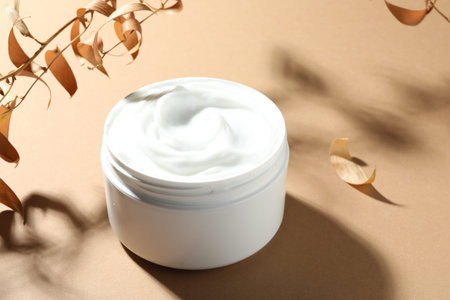 Jar of body cream and dry branches on beige background, closeup