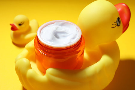 Jar of moisturizing body cream and rubber ducks on yellow background, closeupの写真素材