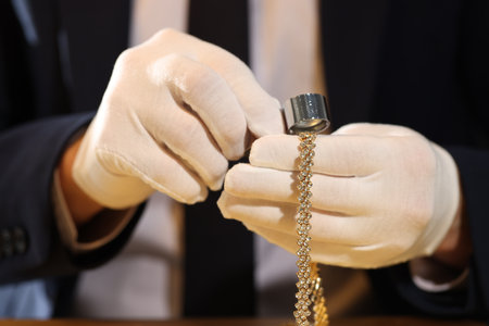 Appraiser with loupe evaluating luxury jewelry at table, closeupの写真素材