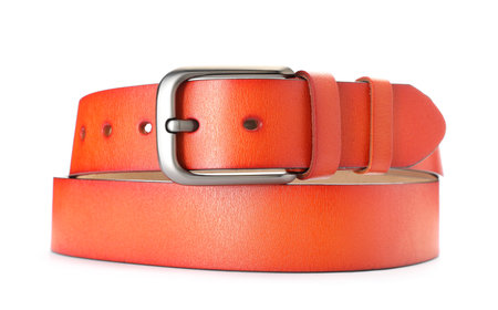 One orange leather belt isolated on whiteの写真素材