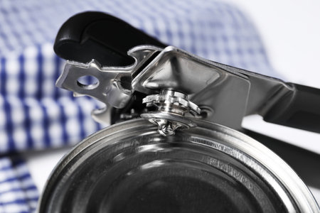 Can opener and tin on white table, closeupの写真素材