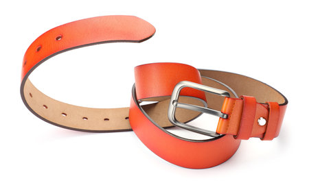 One orange leather belt isolated on whiteの写真素材