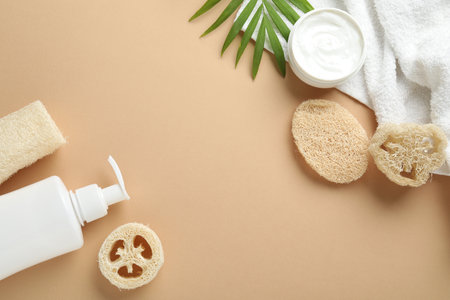 Natural loofah sponges, cosmetic products, towel and twig on beige background, flat lay. Space for textの写真素材